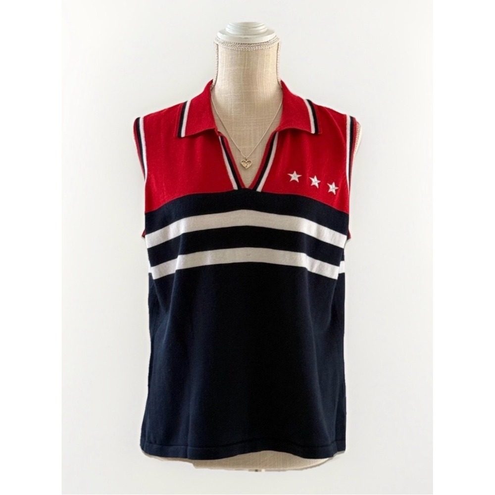 Vintage White Stag Red‎ White Blue Star Striped Sleeveless Sweater Top XL 16/18